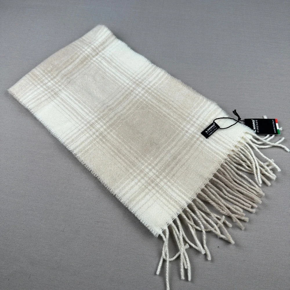 Il Moro Firenze Wool Cashmere Scarf Made in Italy Plaid Cream Beige RN 75343
